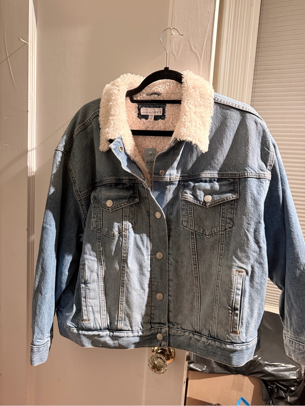 LOFT Light Blue Denim Jacket with Cream Sherpa Collar/Lining